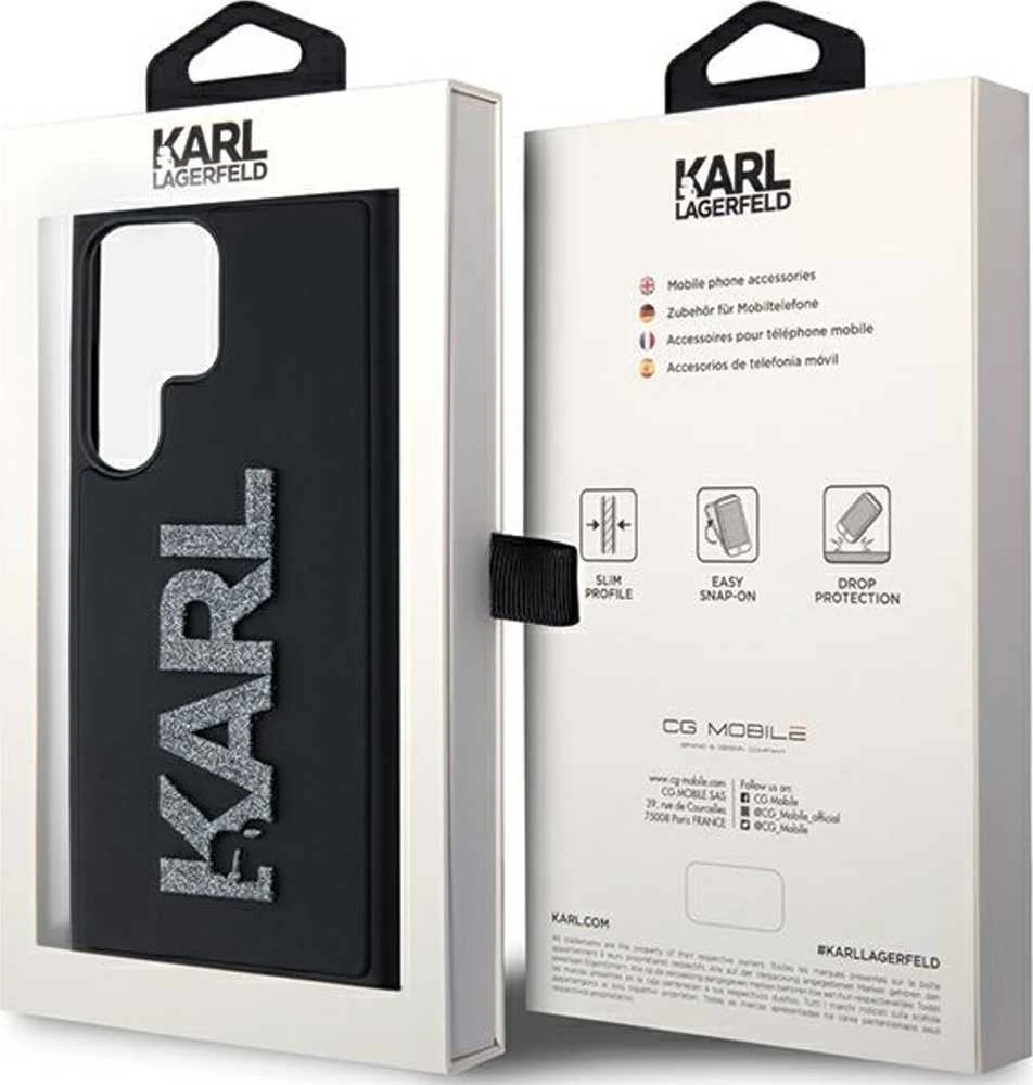 Karl Lagerfeld KLHCS23L3DMBKCK S23 Ultra S918 juodos spalvos kietas dėklas 3D Rubber Glitter Logo