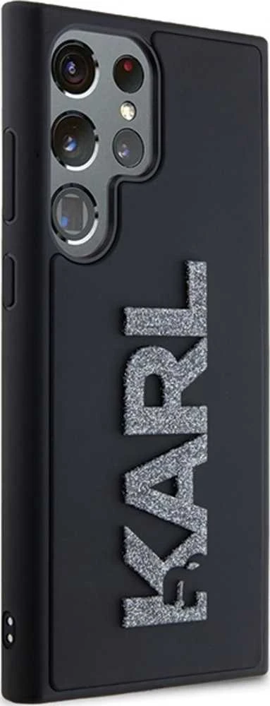 Karl Lagerfeld KLHCS23L3DMBKCK S23 Ultra S918 juodos spalvos kietas dėklas 3D Rubber Glitter Logo