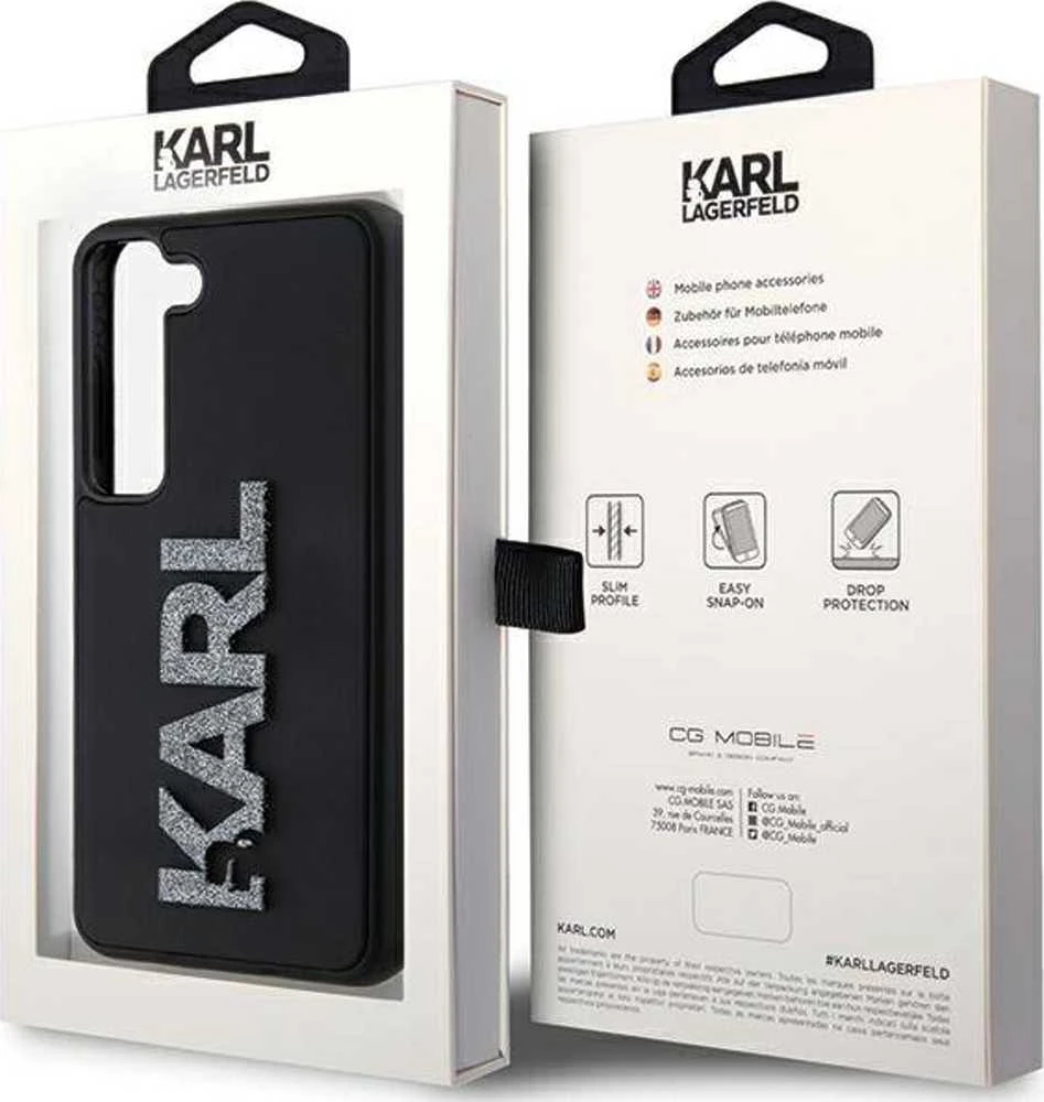 Karl Lagerfeld KLHCS23M3DMBKCK S23+ S916 juodos spalvos kietas dėklas 3D Rubber Glitter Logo