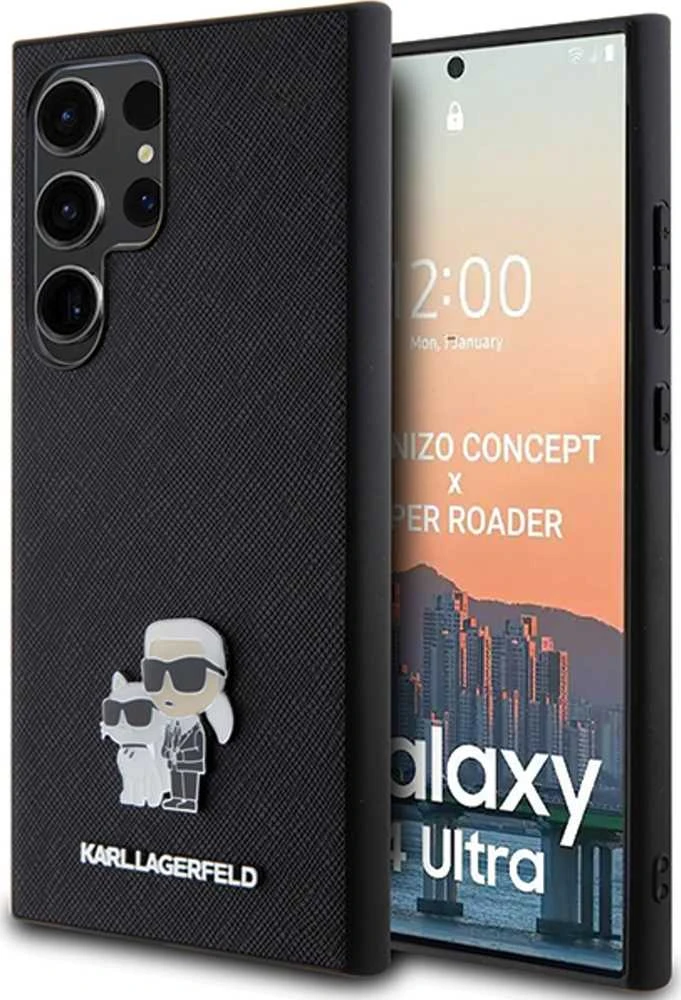 Samsung Galaxy S24 Karl Lagerfeld dėklas Saffiano Karl & Choupette Metal Pin (KLHCS24SPSAKCMPK) juodos spalvos