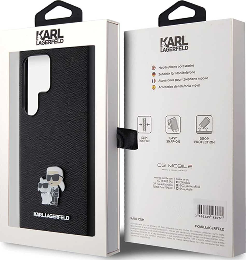 Samsung Galaxy S24 Karl Lagerfeld dėklas Saffiano Karl & Choupette Metal Pin (KLHCS24SPSAKCMPK) juodos spalvos
