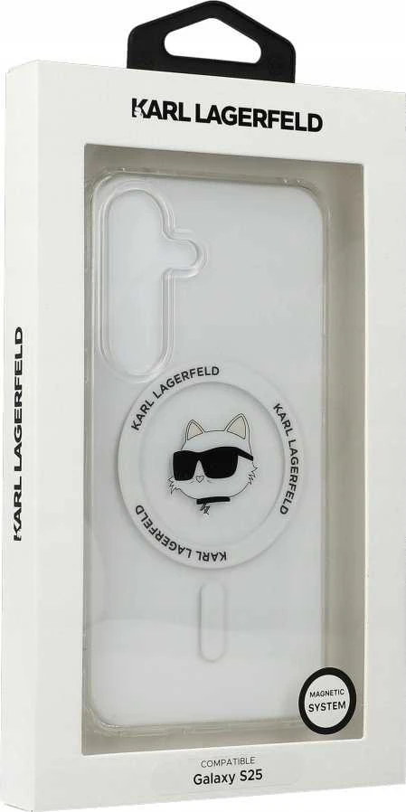Dėklas Karl Lagerfeld Button Choupette Head Printed Logo MagSafe Samsung Galaxy S25 baltos spalvos