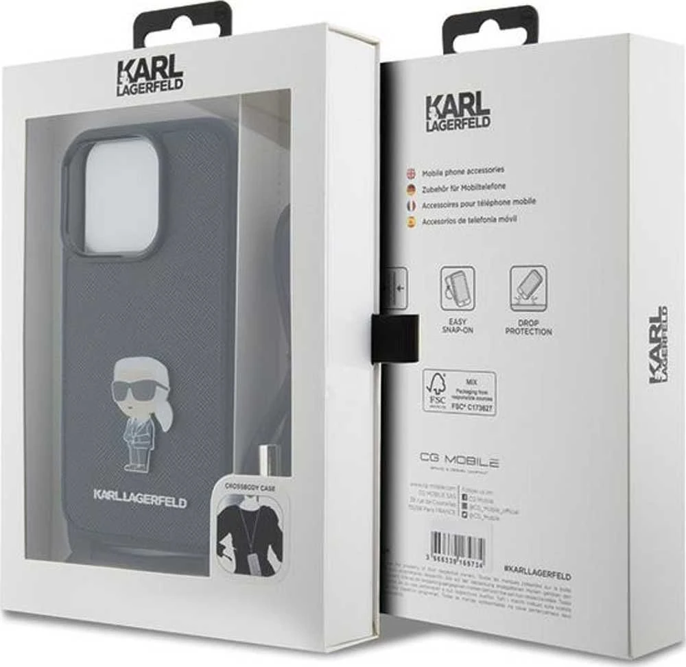 Karl Lagerfeld KLHCP15LSASKNPSK Apple iPhone 15 Pro 6.1″ kietas dėklas juodos spalvos Crossbody Saffiano Monogram