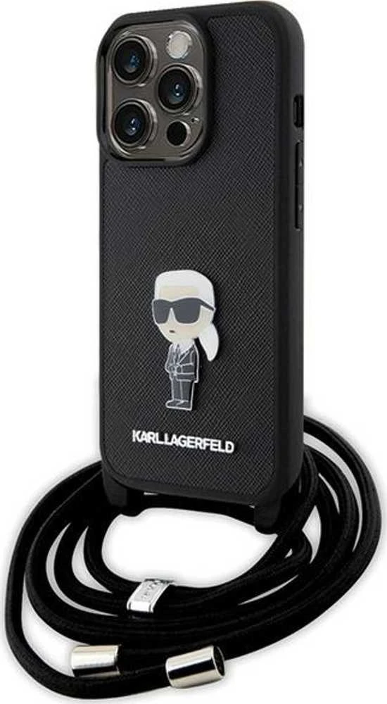 Karl Lagerfeld KLHCP15LSASKNPSK Apple iPhone 15 Pro 6.1″ kietas dėklas juodos spalvos Crossbody Saffiano Monogram