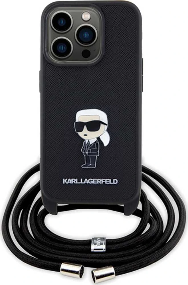 Karl Lagerfeld KLHCP15LSASKNPSK Apple iPhone 15 Pro 6.1″ kietas dėklas juodos spalvos Crossbody Saffiano Monogram