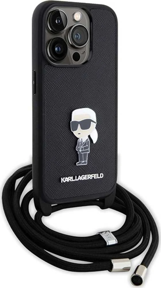 Karl Lagerfeld KLHCP15LSASKNPSK Apple iPhone 15 Pro 6.1″ kietas dėklas juodos spalvos Crossbody Saffiano Monogram