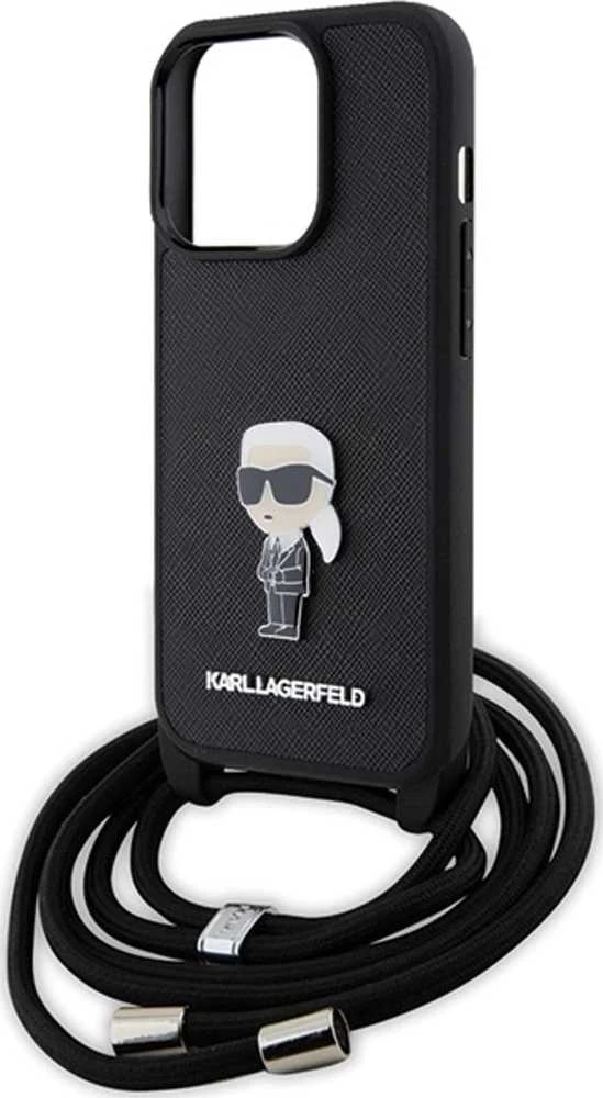 Karl Lagerfeld KLHCP15LSASKNPSK Apple iPhone 15 Pro 6.1″ kietas dėklas juodos spalvos Crossbody Saffiano Monogram