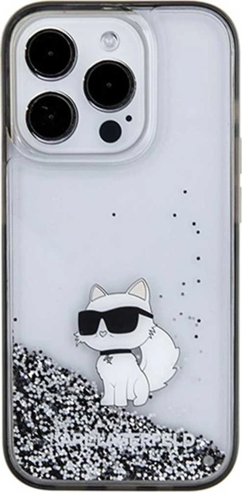 Karl Lagerfeld KLHCP15XLKCNSK Apple iPhone 15 Pro Max 6.7″ skaidrus kietas dėklas Liquid Glitter Choupette