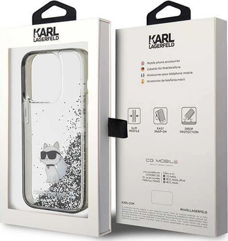 Karl Lagerfeld KLHCP15XLKCNSK Apple iPhone 15 Pro Max 6.7″ skaidrus kietas dėklas Liquid Glitter Choupette