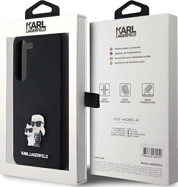 Karl Lagerfeld KLHCS24SSMHKCNPK S24 S921 kietas dėklas juodos spalvos Silicone Karl&Choupette Metal Pin