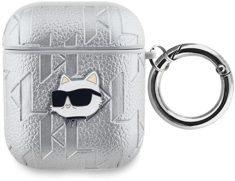 Karl Lagerfeld PU Embossed Choupette Head dėklas ausinėms AirPods 1/2 sidabrinės spalvos