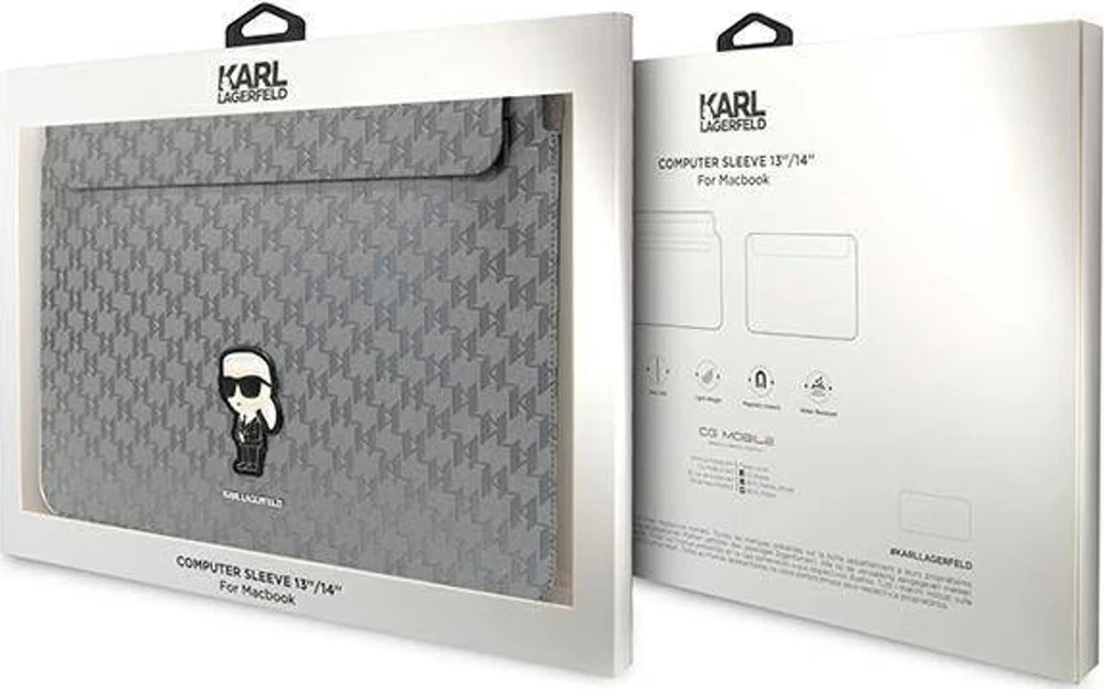 Karl Lagerfeld Dėklas kompiuteriui KLCS14SAKHPKG 14″ sidabro spalvos Saffiano Monogram Ikonik