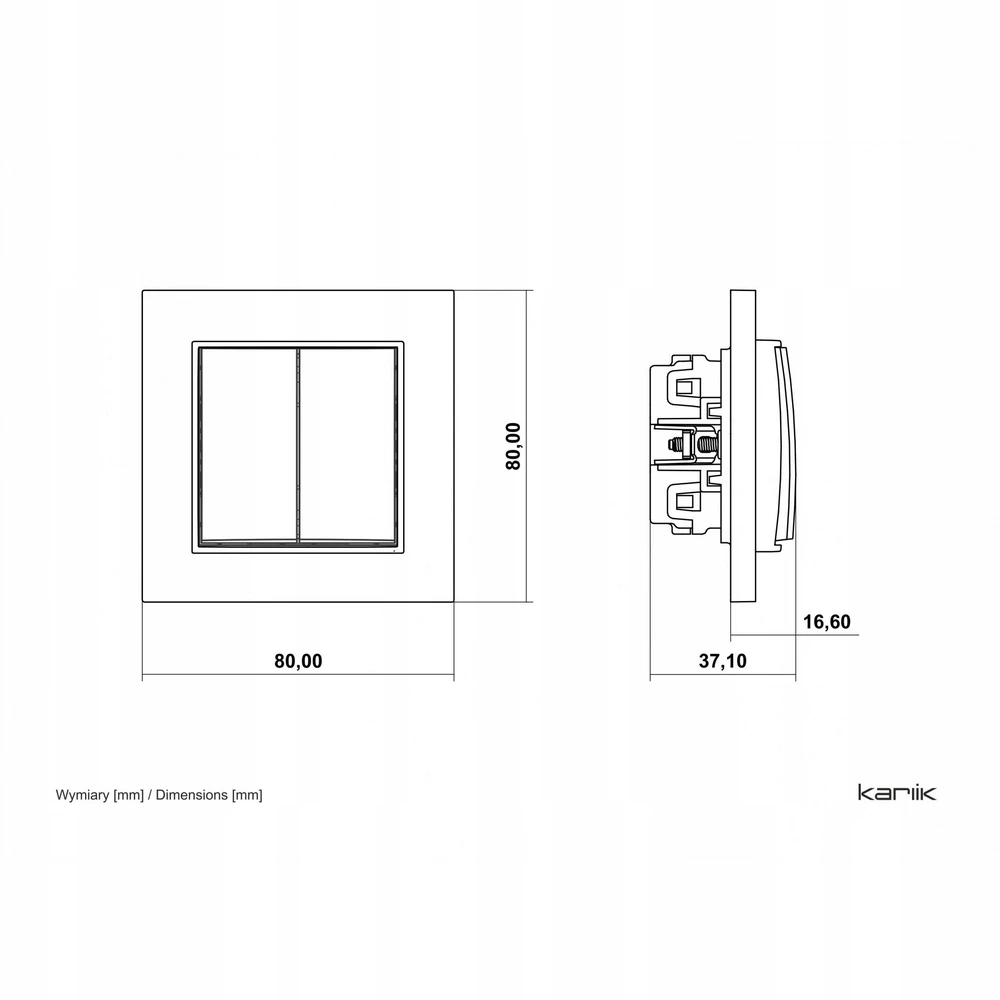 Karlik 61MWP-2 MINI dvigubo jungiklio techniniai matmenys