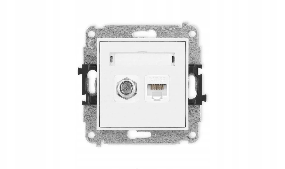 Karlik Elektrotechnik 25MGFK-1 MINI antenos lizdo mechanizmas, vieno F tipo (SAT) + kompiuterio lizdo dangtelis. 1xRJ45, kat. 5e, 8 kontaktų matinės baltos spalvos 25MGFK-1