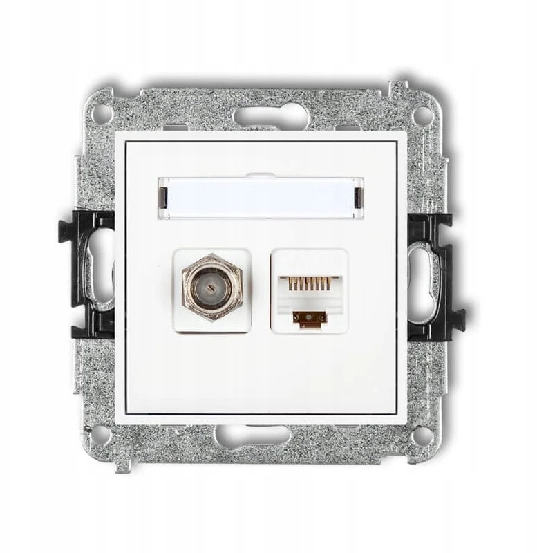 Karlik Elektrotechnik 25MGFK-1 MINI antenos lizdo mechanizmas, vieno F tipo (SAT) + kompiuterio lizdo dangtelis. 1xRJ45, kat. 5e, 8 kontaktų matinės baltos spalvos 25MGFK-1