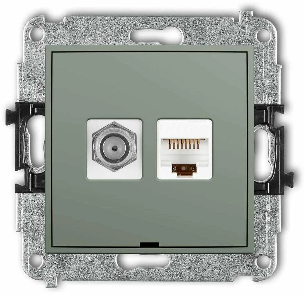 Karlik Elektrotechnik 61MGFKBO-1 MINI Antenos lizdo mechanizmas, vienas F tipo (SAT) + kompiuterio lizdai 1xRJ45, kat. 5e, 8 kontaktų, be aprašymo, sage 61MGFKBO-1