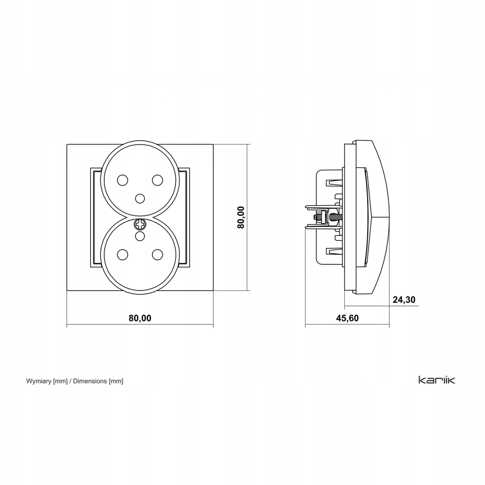 Karlik Elektrotechnik 61MGPR-2zp MINI Dvigubo lizdo mechanizmas rėmui su įžeminimu 2x(2P+Z) (srovės kelio sklendės) sage 61MGPR-2zp