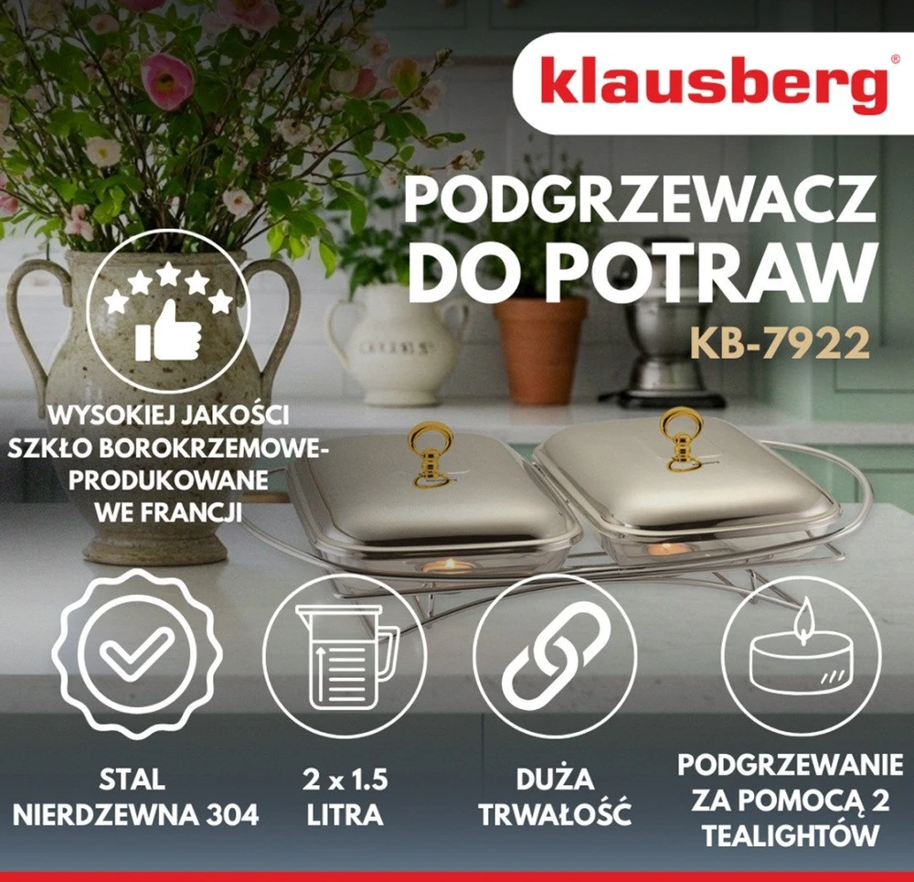 Podgrzewacz Maisto šildytuvas, stiklas + nerūdijantis plienas, 2 x 1,5 l, Klausberg, kb-7922