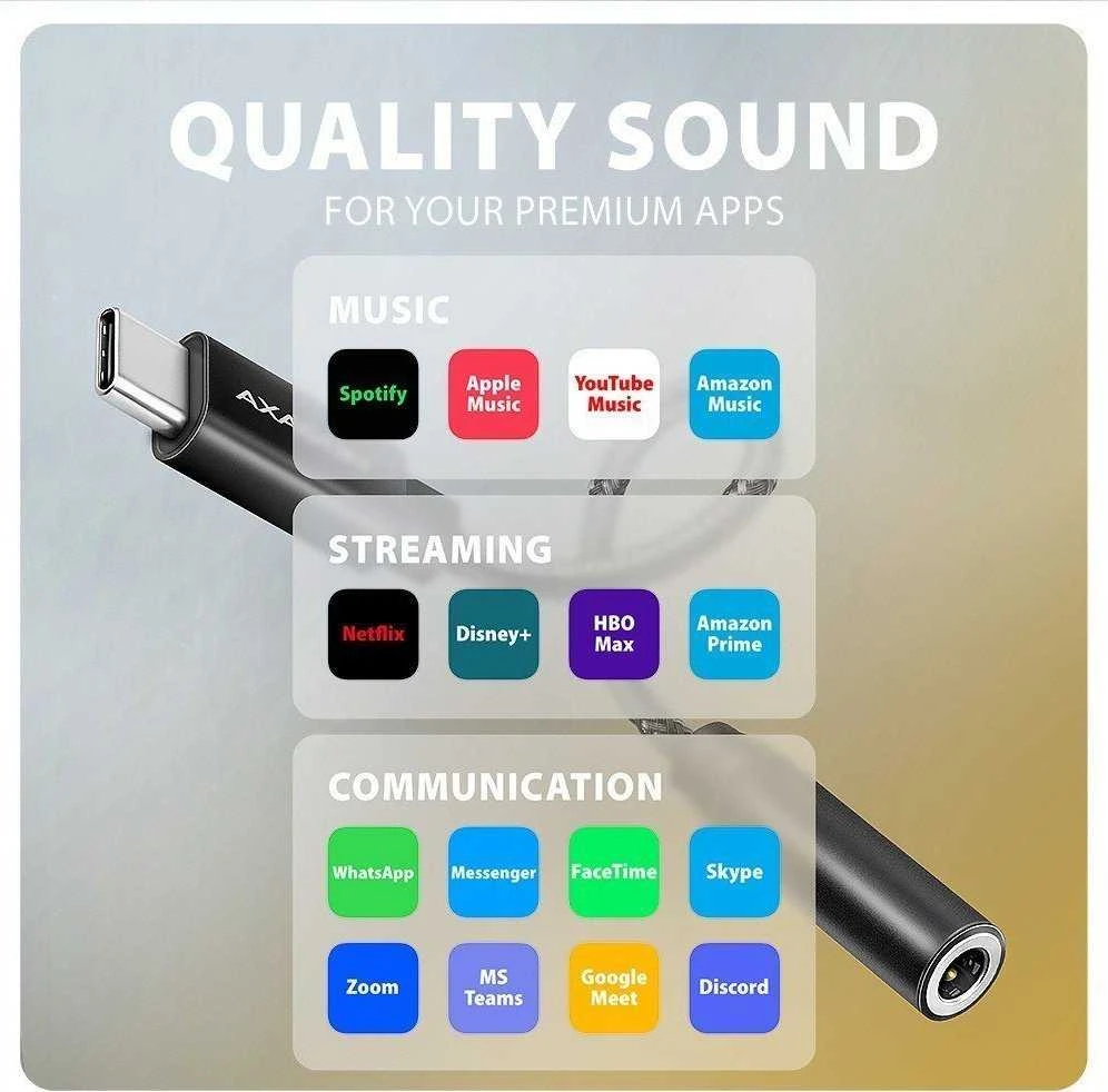 AXAGON ADA-HC USB-C – 3,5 mm (F) jungtis, didelės raiškos DAC, 32 bitų 384 kHz garso adapteris