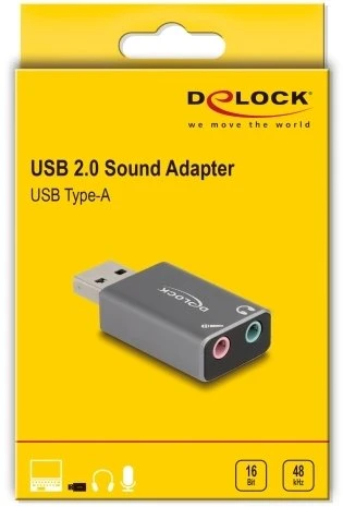 „DeLOCK“ išorinė USB garso plokštė su USB-A tipo kištuku į 2 x 3,5 mm stereo lizdą. „Plug & Play“ garso adapteris asmeniniams kompiuteriams, nešiojamiesiems kompiuteriams ir „Mac“, USB 2.0 A tipo, 3,5 mm 3 kontaktų, pilka.