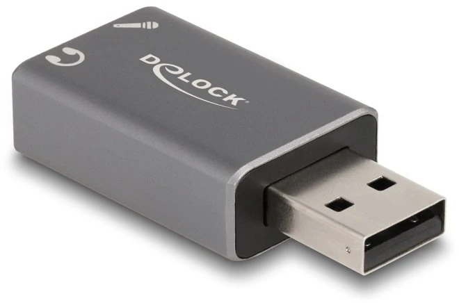 „DeLOCK“ išorinė USB garso plokštė su USB-A tipo kištuku į 2 x 3,5 mm stereo lizdą. „Plug & Play“ garso adapteris asmeniniams kompiuteriams, nešiojamiesiems kompiuteriams ir „Mac“, USB 2.0 A tipo, 3,5 mm 3 kontaktų, pilka.