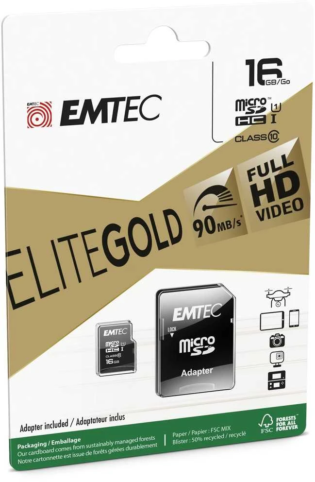 Atminties kortelė Karta Emtec Elite Gold Micro SDHC 16 GB 10 klasės UHS-I/U1 (ECMSDM16GHC10GP)