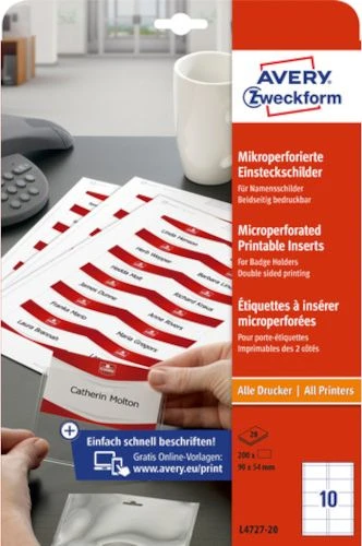 Avery Zweckform „Avery“ spausdinami įdėklai, ženklelių įdėklas, baltas, 200 vnt., kartonas, FSC, 90 mm