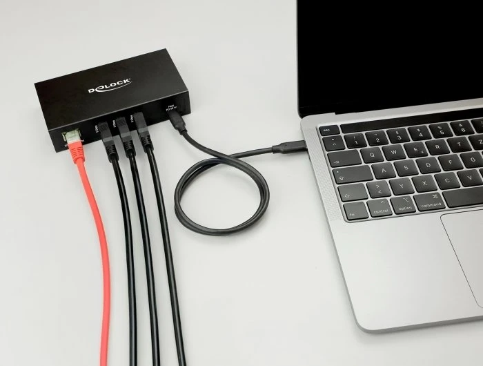 Karta jungiama į tinklą Delock 3 Port USB 5 Gbps Hub + RJ45 Gigabit LAN PoE++ Port złącze hosta USB Type-C™ w obudowie metalowej i 1,5 kV Isolation