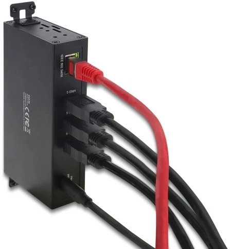 Karta jungiama į tinklą Delock 3 Port USB 5 Gbps Hub + RJ45 Gigabit LAN PoE++ Port złącze hosta USB Type-C™ w obudowie metalowej i 1,5 kV Isolation