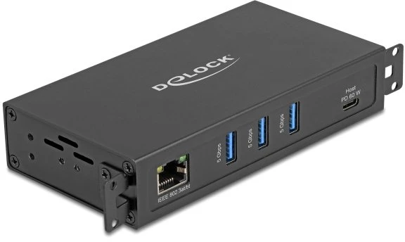 Karta jungiama į tinklą Delock 3 Port USB 5 Gbps Hub + RJ45 Gigabit LAN PoE++ Port złącze hosta USB Type-C™ w obudowie metalowej i 1,5 kV Isolation