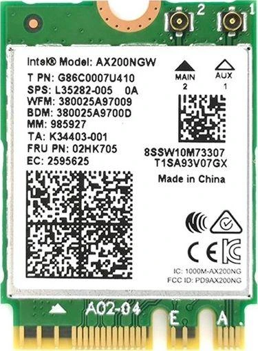 Intel AX200NGW tinklo plokštė su techniniais ženklinimais