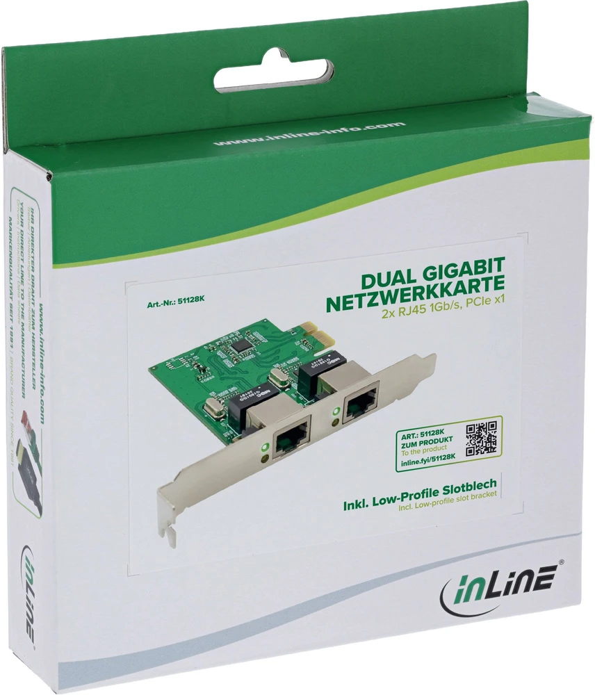 Karta jungiama į tinklą Level One Games InLine® Dual Gigabit karta jungiama į tinklą, 2x RJ45 1Gb/s, PCIe x1, w tym. blacha slotowa LP