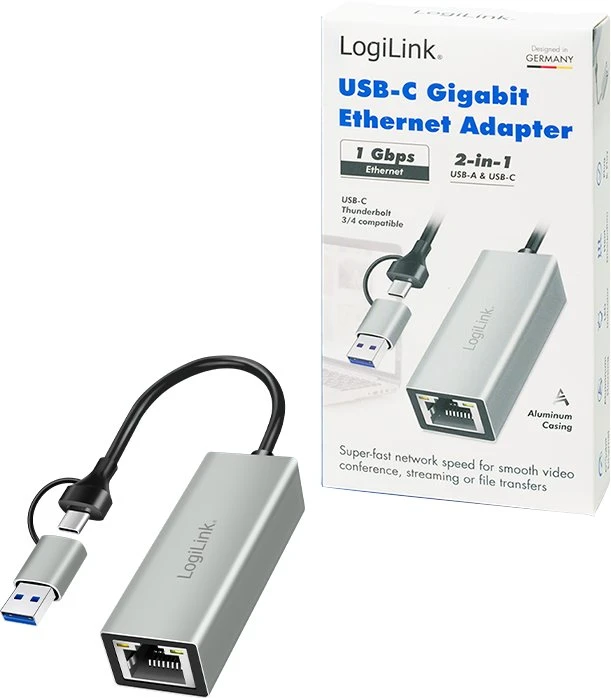 LogiLink USB adapteris, USB 3.2 Gen1, USB-A/C į gigabitinį eternetą, aliuminis