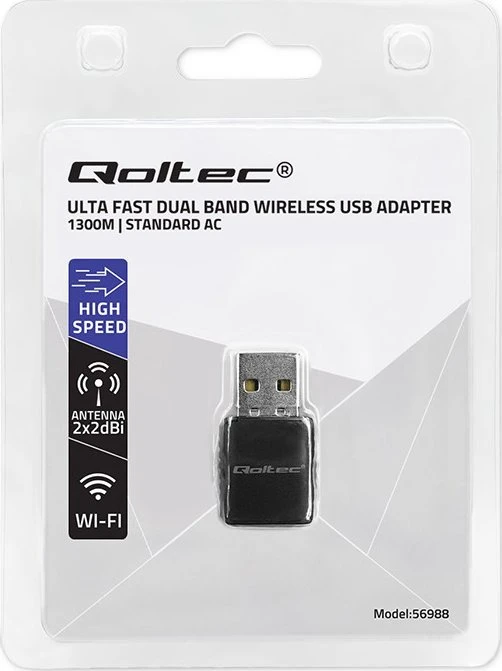 Qoltec 56988 Wireless Itin greitas DUAL mini WiFi adapteris 2 x 2dBi AC standartas | USB 3.0 | 1300 Mbps