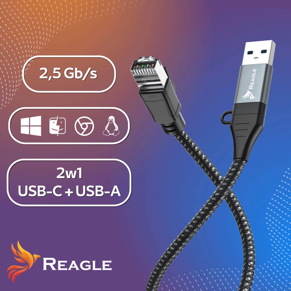 Karta jungiama į tinklą Reagle Przejściówka USB 3.2 Ethernet adapter Karta jungiama į tinklą LAN RJ45 2,5Gb/s 5M REAGLE