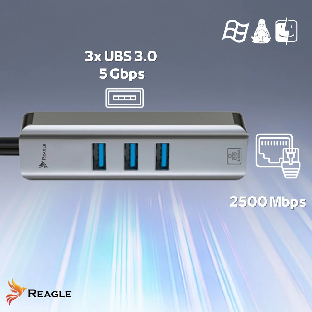 Tinklo plokštė Reagle ADAPTERIS HUB USB + USB-C ETHERNET ADAPTER TINKLO PLOKŠTĖ LAN RJ45 2.5Gb