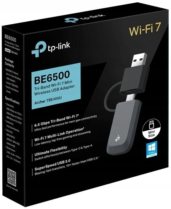 TP-LINK BE6500 trijų dažnių „Wi-Fi 7 Mini“ belaidis USB adapteris | Archer TBE400U | 2,4 GHz, 5 GHz, 6 GHz | 802.11ax | MU-MiMO Ne | ne PoE | Antenos tipas Vidinė