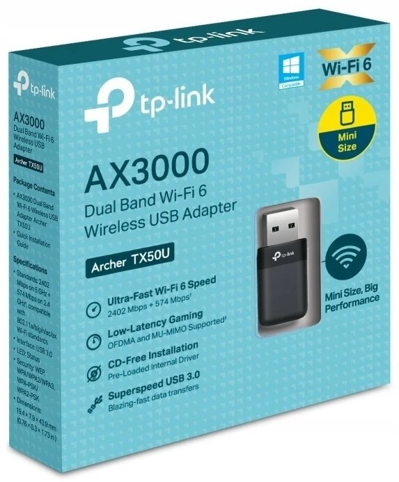 TP-LINK AX3000 dviejų dažnių „Wi-Fi 6“ belaidis USB adapteris | Archer TX50U | 2,4 GHz, 5 GHz | 802.11ax | MU-MiMO Ne | ne PoE | Antenos tipas Vidinė