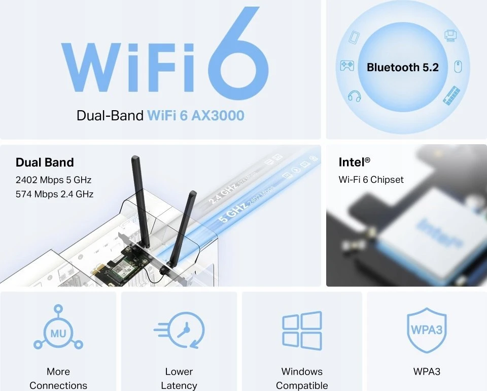 MERCUSYS MA80XE AX3000 Wi-Fi 6 Bluetooth 5.2 PCIe adapteris