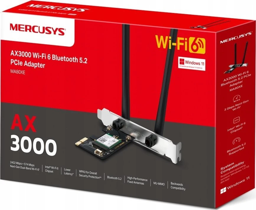 MERCUSYS MA80XE AX3000 Wi-Fi 6 Bluetooth 5.2 PCIe adapteris