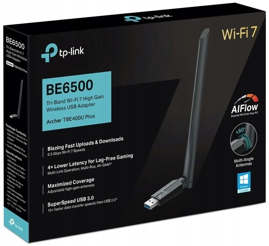 TP-LINK BE6500 trijų dažnių „Wi-Fi 7“ didelio stiprinimo belaidis USB adapteris | Archer TBE400U Plus | 2,4 GHz, 5 GHz, 6 GHz | 802.11ax | MU-MiMO Ne | ne PoE | Antenos tipas: trijų dažnių didelio stiprinimo