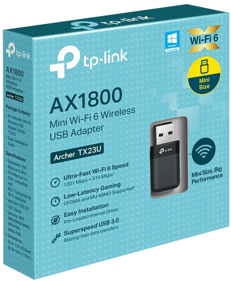 Maršrutizatorius TP-LINK Archer TX23U | AX1800 Mini Wi-Fi6 belaidis USB adapteris | 802.11ax | MU-MiMO Taip | ne PoE