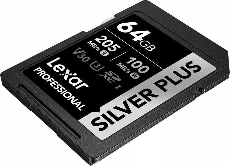 Lexar 64GB Silver Plus SDXC kortelė kampu