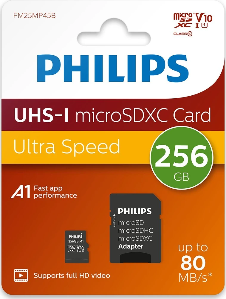 „Philips Ultra Speed Micro SDXC“ 256 GB, 10 klasės UHS-I/U1 A1 V10 (FM25MP45B/00) kortelė