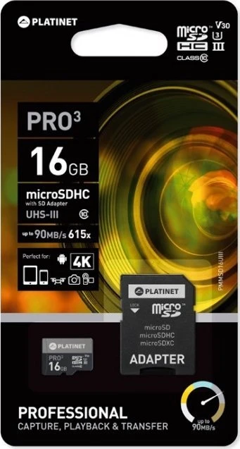 Atminties korta Platinet MicroSD 16GB (class10 UHS-III 90MB/s) + SD Adapteris