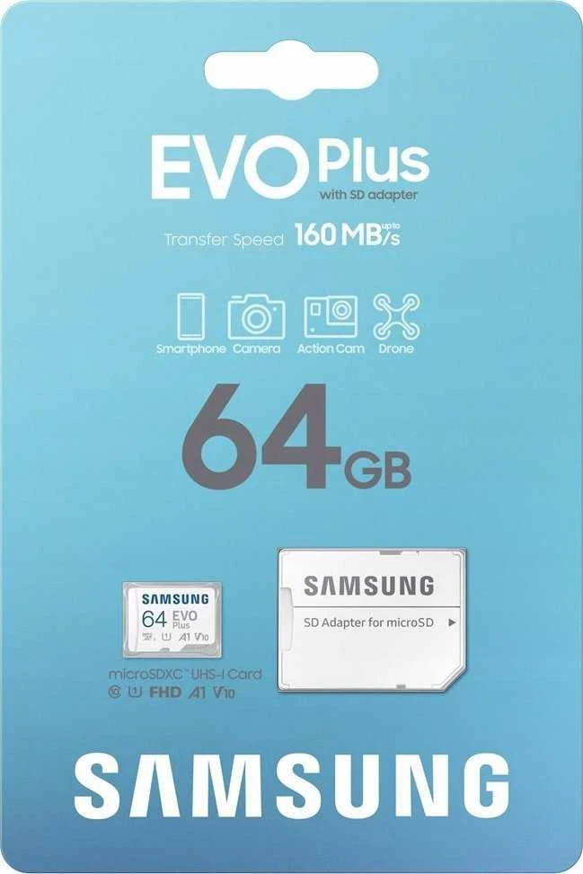 Atminties kortelė Samsung EVO Plus microSD 64 GB /MEMORY Micro SDXC EVO+ 64GB/V10 W/A MB-MC64KA/EU   Baltos spalvos