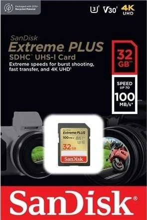 SanDisk Extreme PLUS 32 GB SDHC atminties kortelė + 2 metai RescuePRO Deluxe iki 100 MB/s ir 60 MB/s skaitymo / rašymo greitis, UHS-I, 10 klasė, U3, V30, EAN: 619659189433