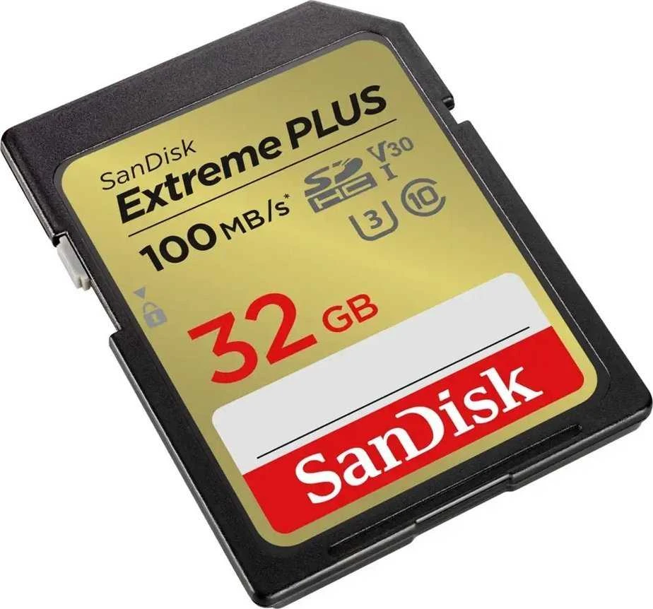 SanDisk Extreme PLUS 32 GB SDHC atminties kortelė + 2 metai RescuePRO Deluxe iki 100 MB/s ir 60 MB/s skaitymo / rašymo greitis, UHS-I, 10 klasė, U3, V30, EAN: 619659189433