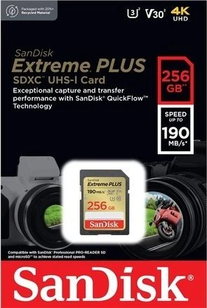 SanDisk Extreme PLUS 256 GB SDXC atminties kortelė + 2 metai RescuePRO Deluxe iki 190 MB/s ir 130 MB/s skaitymo / rašymo greitis, UHS-I, 10 klasė, U3, V30; EAN:619659189457