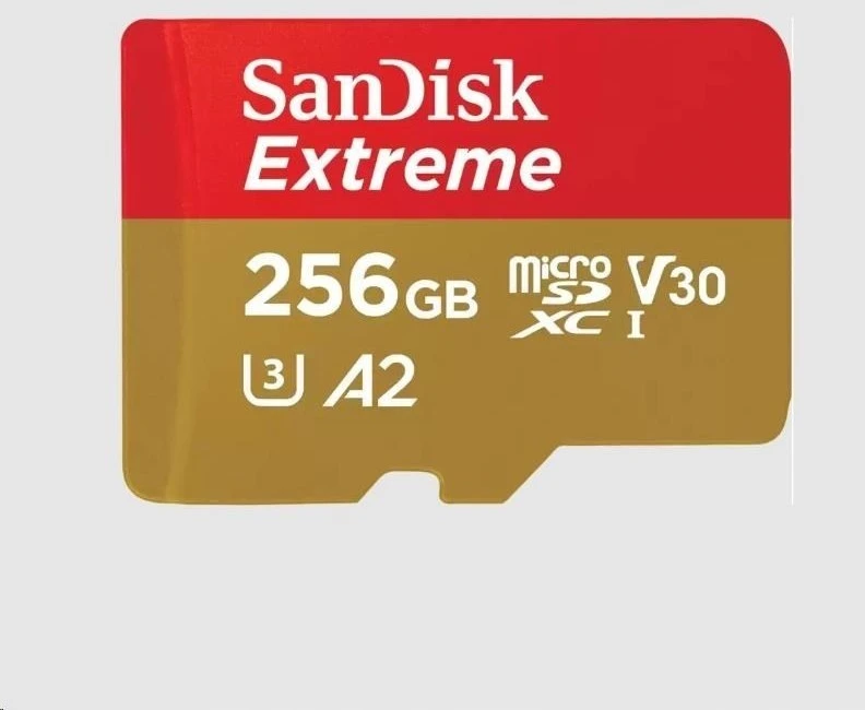 Atminties kortelė SanDisk Extreme Micro SDXC kortelė mobiliesiems žaidimams 256GB + 1 metų RescuePRO Deluxe iki 190MB/s & 130MB/s Skaitymo/Rašymo greitis A2 C10 V30 UHS-I U3; EAN:619659188498